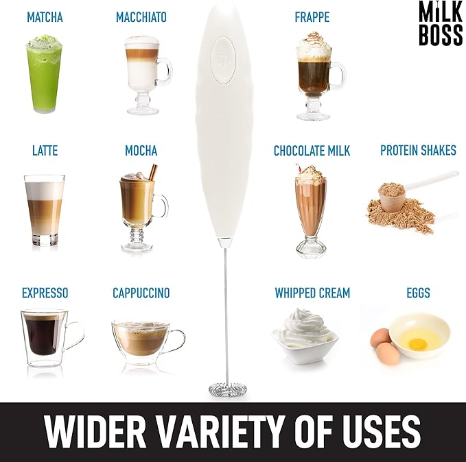 Milk Boss Milk Frother for Coffee - Comfort Grip Matcha Whisk - Electric Matcha Mixer and Mixer Electric Handheld - Coffee Frother Handheld - Electric Drink Mixer With Batteries Included (White)