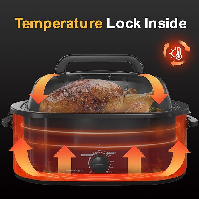 24QT Electric Roaster Oven, Electric Turkey Roaster with Viewing & Self-basting Lid, Stainless Steel Turkey Roaster Oven, RED