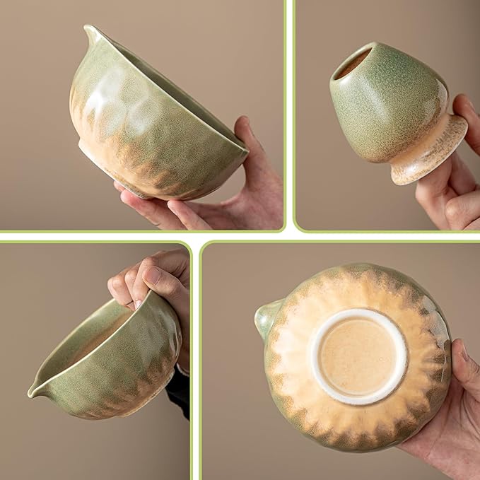 Clay&Fire Matcha Whisk Set，9 Pcs Ceramic Matcha Set, 15 OZ Matcha Bowl with Spout and Whisk for Friend, Ideal Gift for Matcha Lover（Kiln-change Green）
