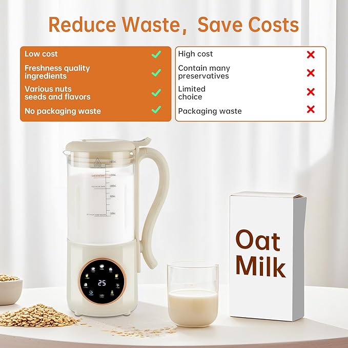 48 oz Nut Milk Maker Machine with 16 Blades, 8 in 1 Automatic Homemade Almond, Oat, Soy, Plant-Based Milk and Dairy Free Beverages, Almond Maker, Self-cleaning, Keep Warm/24-Hour Delay
