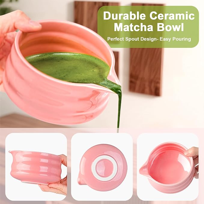 Matcha Whisk Set, 7Pcs Matcha Set - 18oz Matcha Bowl with Spout, Bamboo Matcha whisk & Ceramic Holder, Sifter/Scoop/Stand/Towel, Matcha Kit for Tea Lovers, Ideal Gift Set (Pink)