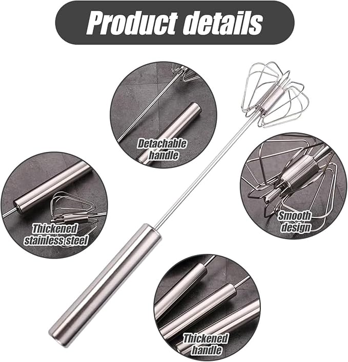 Stainless Steel Semi Automatic Whisk - 12 Inch Easy Whisk Rotating Hand Egg Beater for Milk Frother, Dough, Cream, Matcha, Hand Push Kitchen Mixer for Blending, Whisking, Beating & Stirring (4 All)