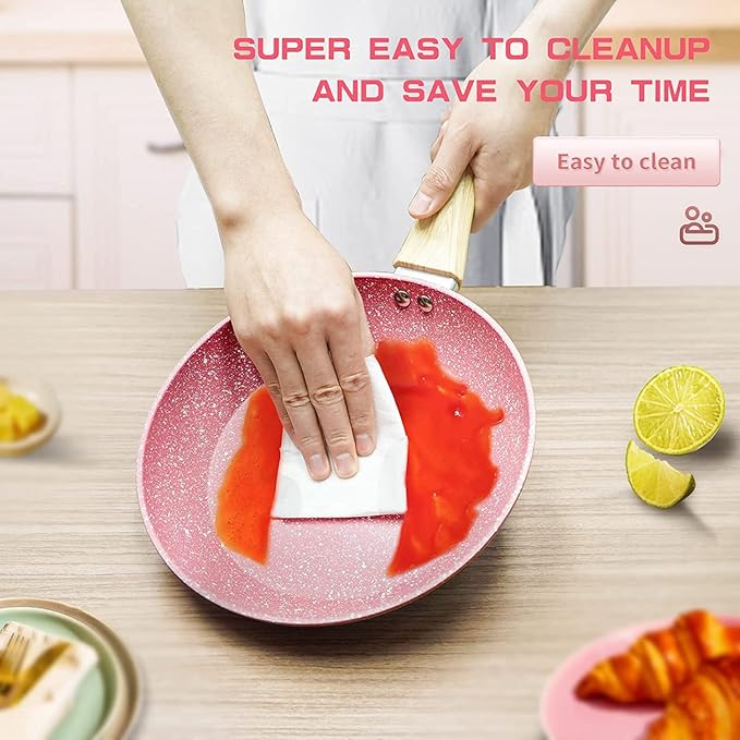 Frying Pan Nonstick, 9.5 Inch Pink Egg Pan, Non Stick Fry Pan 100% PTFE PFOA-Free Omelet Skillet Pan, Toxin-Free Skillets Stone Cookware, Anti-Warp Base with All Stove Tops, Induction Compatible
