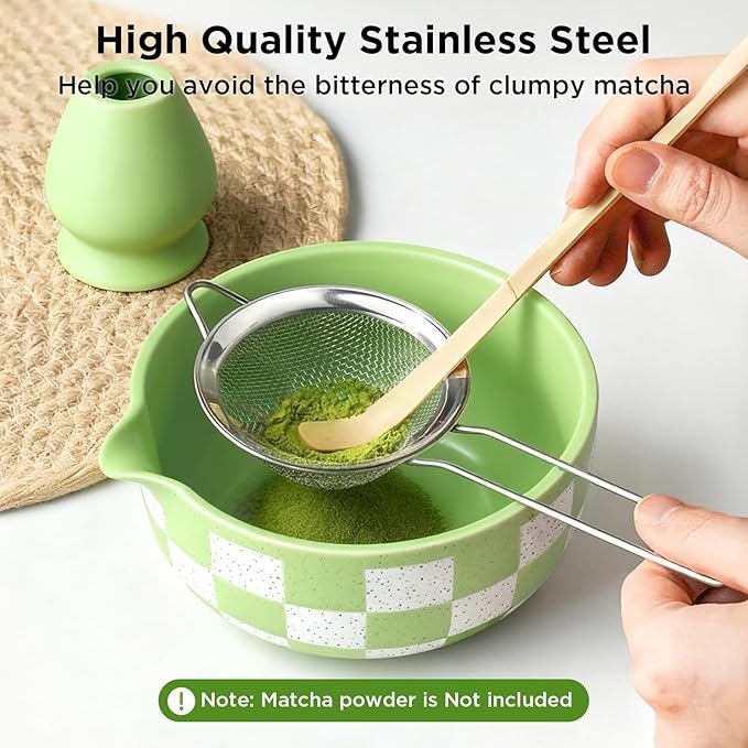 Matcha Whisk Set Gift Box - Matcha Set with Whisk and Bowl, 7 Pcs Matcha Kit Includes Ceramic Matcha Bowl, Bamboo Whisk & Holder, Scoop & Rest, Sifter and Tea Towel, Complete Matcha Making Kit, Green