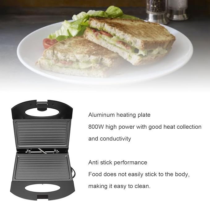 Panini Press, 800W Electric Panini Press Grill Sandwich Maker Breakfast Sandwich Maker Sandwich Maker Press with Aluminum Non Stick Plate for Home Steaks Burgers Breakfasts (US