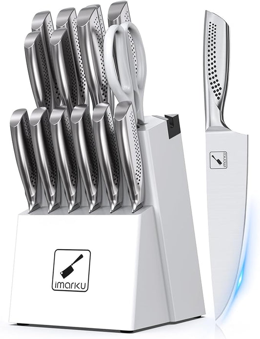 imarku® Knife Set, Japanese HC Stainless Steel 15 PCS Kitchen Knife Set With Block With Built-in Sharpener, Razor-Sharp Blade Knife Block Set With Dotted Ergomomic Handle, Best Birthday Gifts, White