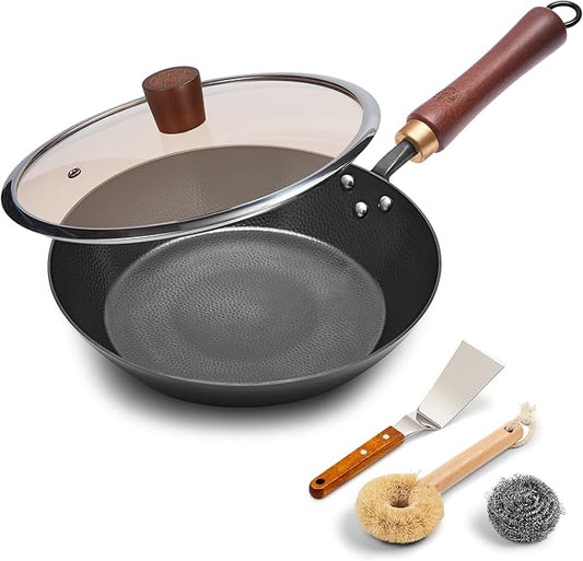 WANGYUANJI 10.2" Iron Skillet with Glass Lid & Griddle Spatula, Flat-Bottom Frying Pan, Hand-Hammered, Uncoated, Induction/Gas/Electric Compatible — Seasoning Required