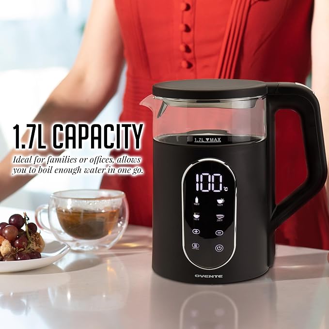 OVENTE Electric Kettle 1500W Fast Boiling Water Heater with 1.7L Double Wall Insulated Borosilicate Glass Interior, Digital Touchscreen, Keep Warm, Auto-Shut Off and Boil-Dry Protection, Black KD96B