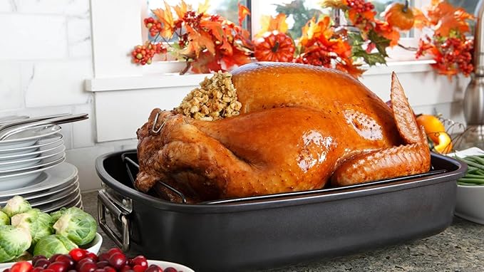 Delux Turkey Roaster Lasagna Pan Set for Roasting Thanksgiving Turkey, Chicken, Meat & Vegetables, with Stainless Steel Turkey Baster Turkey Lifter and Carving Knife n Fork Set
