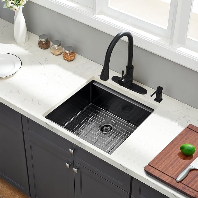 Undermount Kitchen Sink, 24 x 19 Inch Sink Kitchen 16 Gauge Stainless Steel Kitchen Sinks Gunmetal Black Single Bowl Workstation Sink with Cutting Board