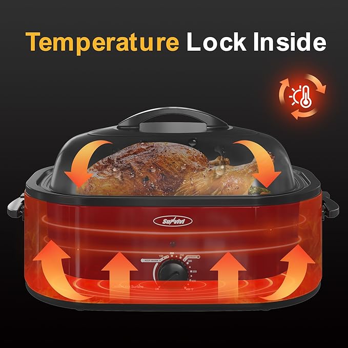 Roaster Oven, Electric Roaster Oven with Viewing Lid, Large Roaster with Removable Pan & Rack, Turkey Roaster with Unique Defrost/Warm Function, Stainless Steel, Red, 22QT