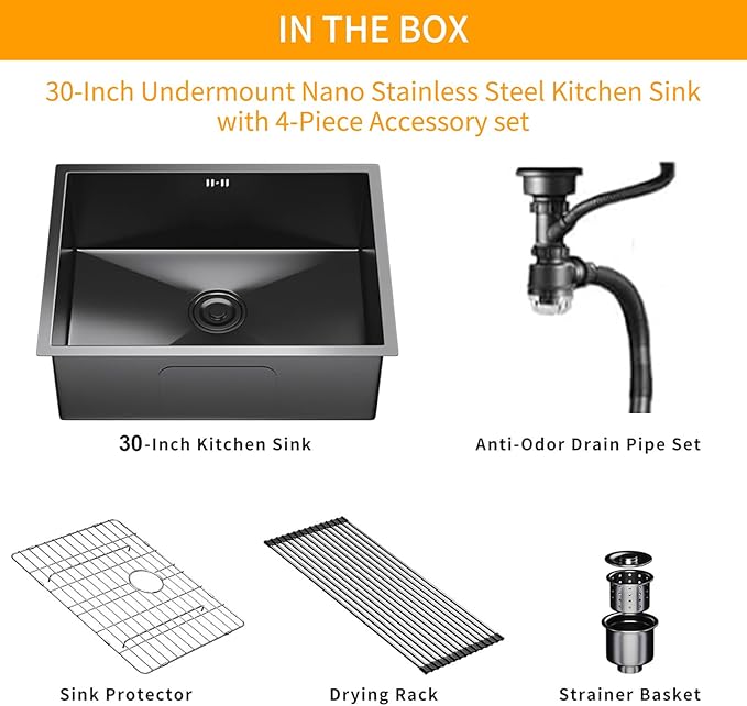 30 Inchs Undermount Kitchen Sinks, 30 x 19 x 9 Inch Black-Grey Single Bowl Sink,16 Gauge Stainless Steel Nano Black Sink with Accessories for Workstation, Prep Kitchen, Bar Sink