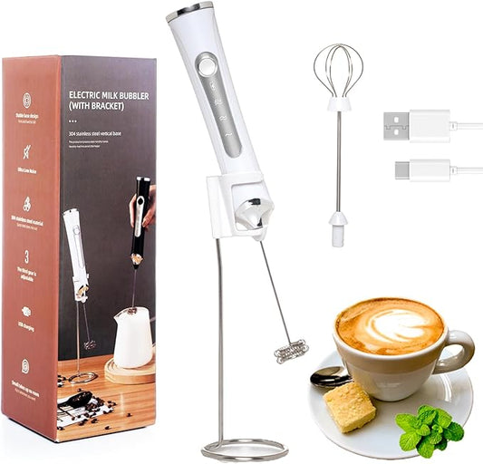 Rechargeable Milk Frother Handheld For Coffee,3 Speeds Frother Wand With Stand, Batidora De Mano Electrica,Coffee Frother With 2 Heads,Drink Mixer Electric Handheld,Kitchen Essentials (White 1)