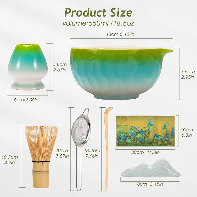 Matcha Tea Set 7 Pcs,Japanese Ceramic Bowl,Bamboo Matcha Whisk (Chasen), Scoop (Chashaku),Stainless Steel Sifter,Whisk Holder (yellow blue),Tea Towel
