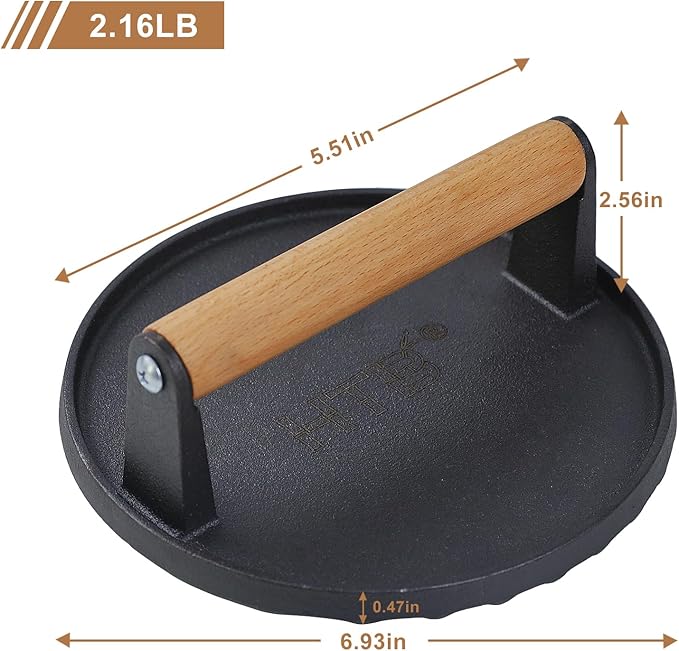 HTB Heavy-Duty Cast Iron Barbecue Press, Wood Handle Meat Steak Smash for Juicy Crispy Burgers on BBQ, Griddle, Camping Round