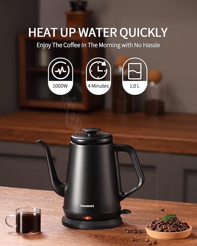 DmofwHi Gooseneck Electric Kettle(1.0L),1000W Electric Tea Kettle of 304 Stainless Steel,Auto Shut off,Water Kettle for Coffee and Tea -Matte Black