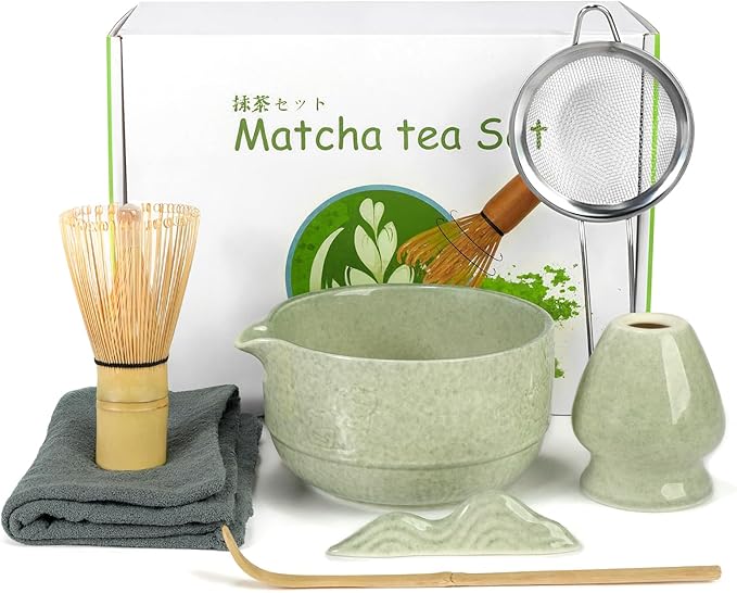 7Pcs Matcha Whisk Set,Ceramic Matcha Tea Set Includes Whisk Matcha Bowl Scoop and Whisk with Holder Sifter Towel,Elegant Matcha Kit Gift for Matcha Enthusiasts and Tea Lovers(Matcha Green)