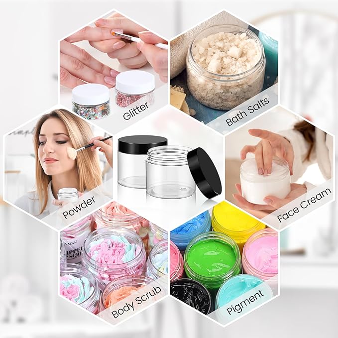 TUZAZO 48 Pack 6 Oz Plastic Container Jars with Lids and Labels BPA Free, Empty Round Clear Cosmetic Containers Plastic Slime Jars for Lotion, Cream, Ointments, Body Butter, Travel Storage (48)