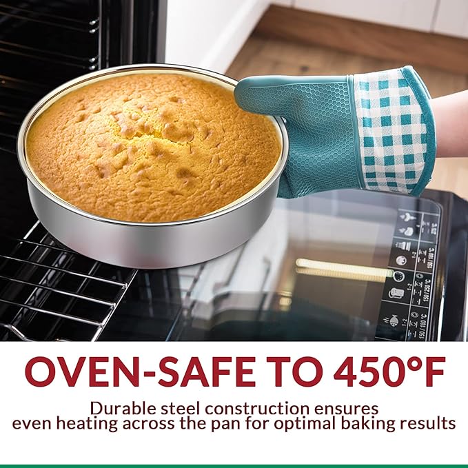 E-far 9½ Inch Cake Pan Set of 2, Stainless Steel Round Layer Cake Baking Pans with Parchment Rounds & Side Liner Roll, Non-Toxic & Healthy Metal Cakes Tin, Straight Side & Dishwasher Safe