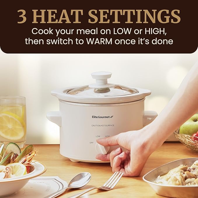 Elite Gourmet MST-250XW# Electric Slow Cooker Ceramic Pot, with Adjustable Temp, Entrees, Sauces, Soups, Roasts, Stews & Dips, Dishwasher Safe (1.5 Quart, White)