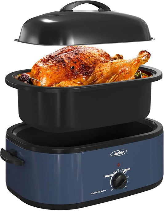 Roaster Oven, Electric Roaster Oven with Viewing Lid, Large Roaster with Removable Pan & Rack, Turkey Roaster with Unique Defrost/Warm Function, Stainless Steel, Blue, 20QT