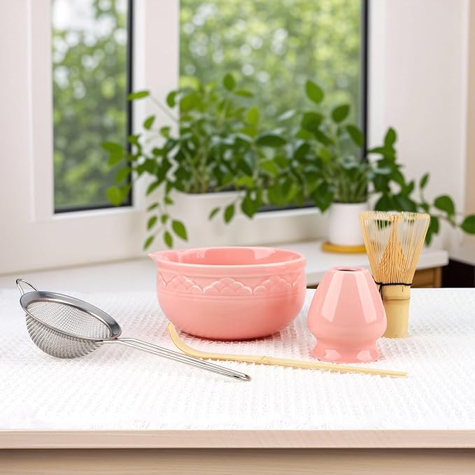 5Pcs Ceramic Matcha Set, Matcha Whisk Set, Tea Set Includes Matcha Bowl, Matcha Whisk and Holder, Sifter, Bamboo Tascoop (Pink)