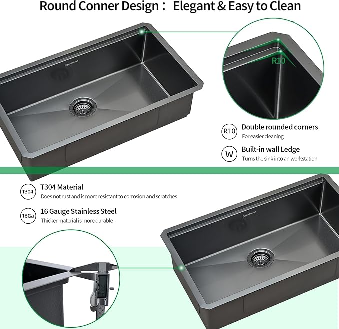 Undermount Kitchen Sink, 33 x 19 x 10 Inch Sink Kitchen 16 Gauge Stainless Steel Kitchen Sinks Gunmetal Black Single Bowl Workstation Sink with Cutting Board