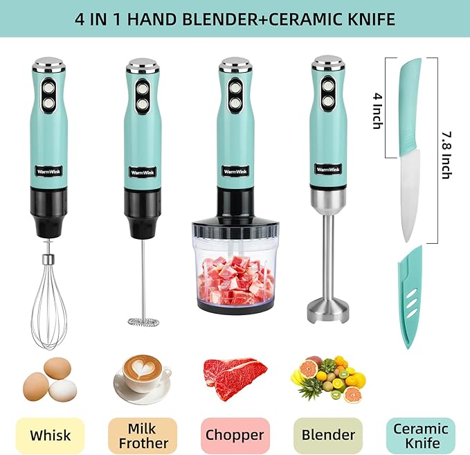 4 in 1 Corded Hand Blender Includes Food Chopper, Mixing Beaker Milk Frother and Whisk 600W Handheld Blender with Stainless Steel Blade, Baby Food Blender