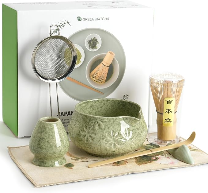 Matcha Whisk Set 7 Piece Ceramic Matcha Kit,18 oz Matcha Bowl with Bamboo Whisk & Holder, Bamboo Scoop, Scoop Rest, Sifter and Tea Towel, Complete Matcha Set for Beginners and Tea Lovers(Green)