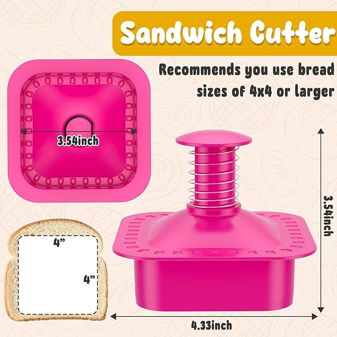 Sandwich Cutter and Sealer Square Cut and Seal Sandwich Maker, Crustless Peanut Butter & Jelly Sandwich Cookie Cutter-Pink Square