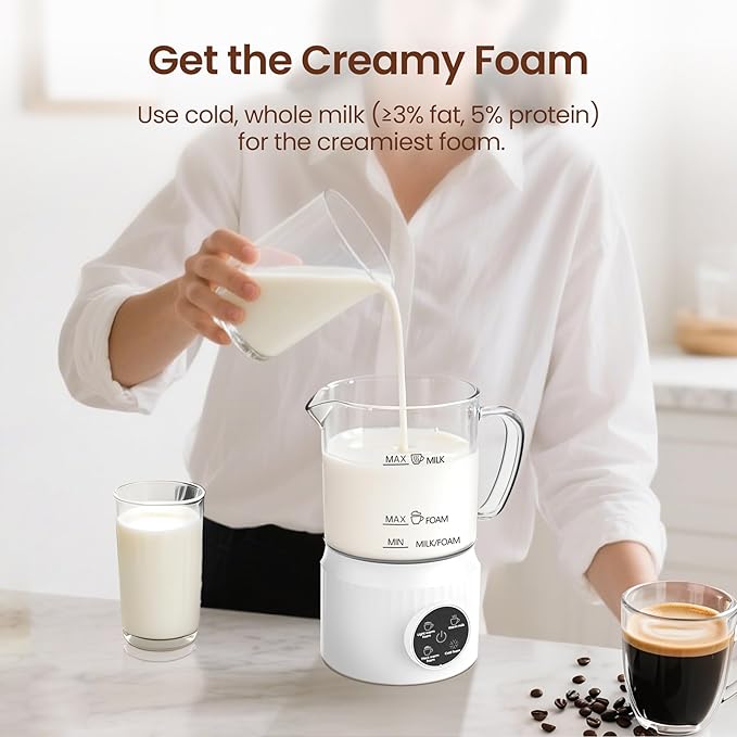 4-in-1 Milk Frother, Electric Milk Frother and Steamer with LED Touch Screen, Non-stick Bottom, Milk Warmer 13.52oz for Lattes, Cappuccinos, and Macchiatos at Home, White