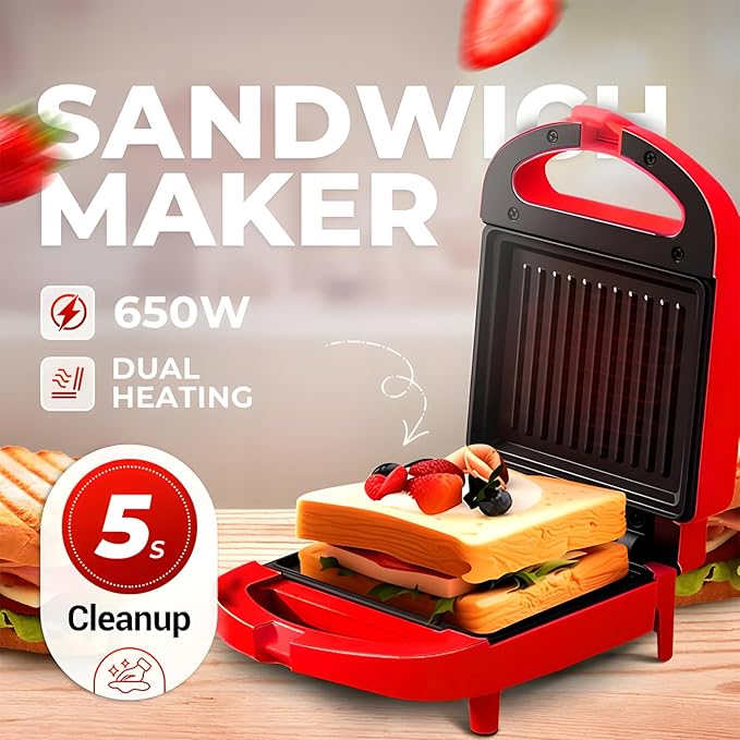 Sandwich Maker, Household Multi-Functional Breakfast Griller, Dual Non-Stick Plates, Fast Heating Electric Omelet, French Toast Panini Press, Tuna Melts, Cool Touch Handle for Camping Barbecue (Pink)
