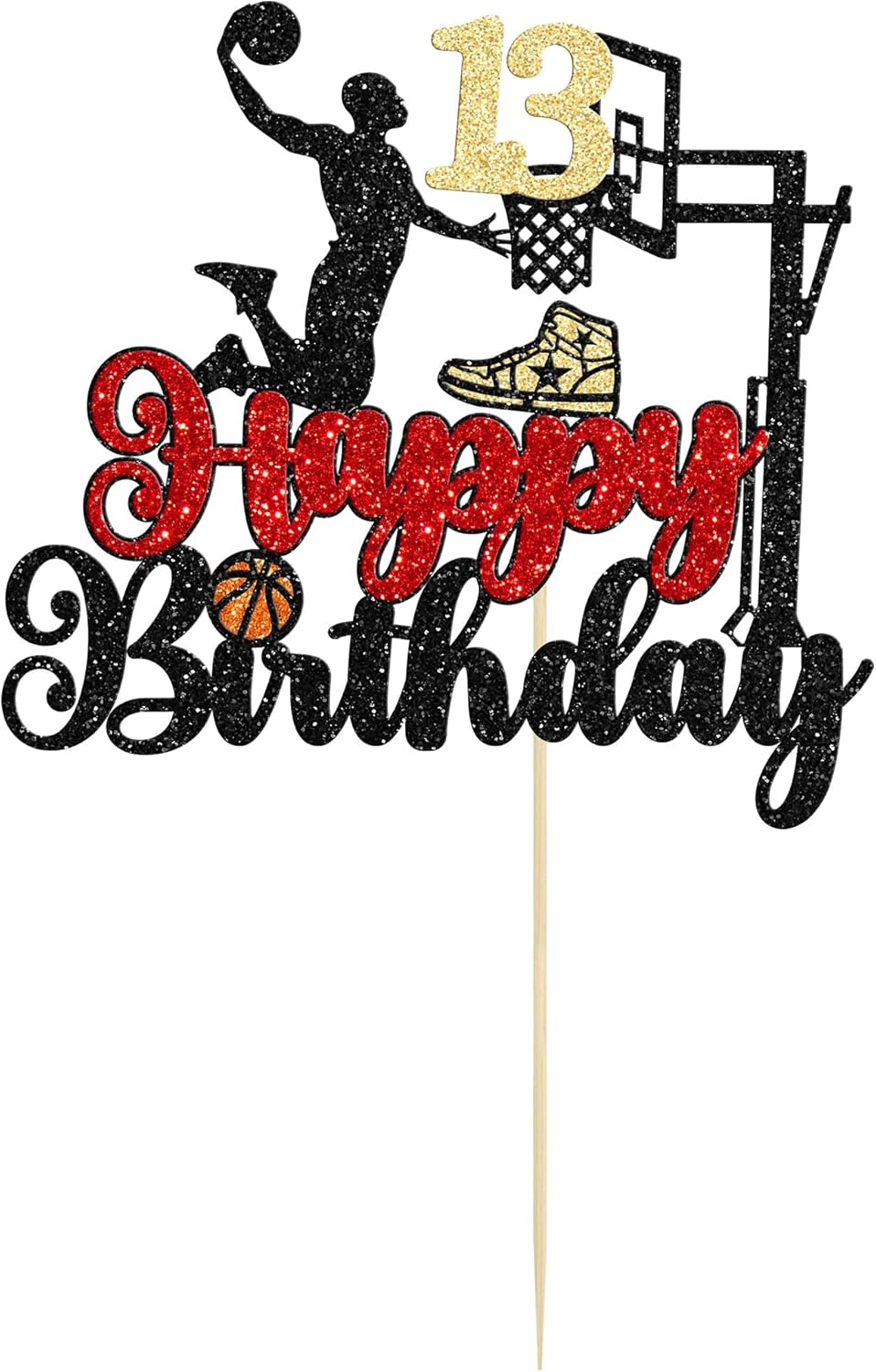 1Pc Happy 13th Birthday Basketball Cake Topper Glitter Basketball Sports Cake Pick Cheers to 13 Years Birthday Cake Decoration for 13th Party Supplies Black