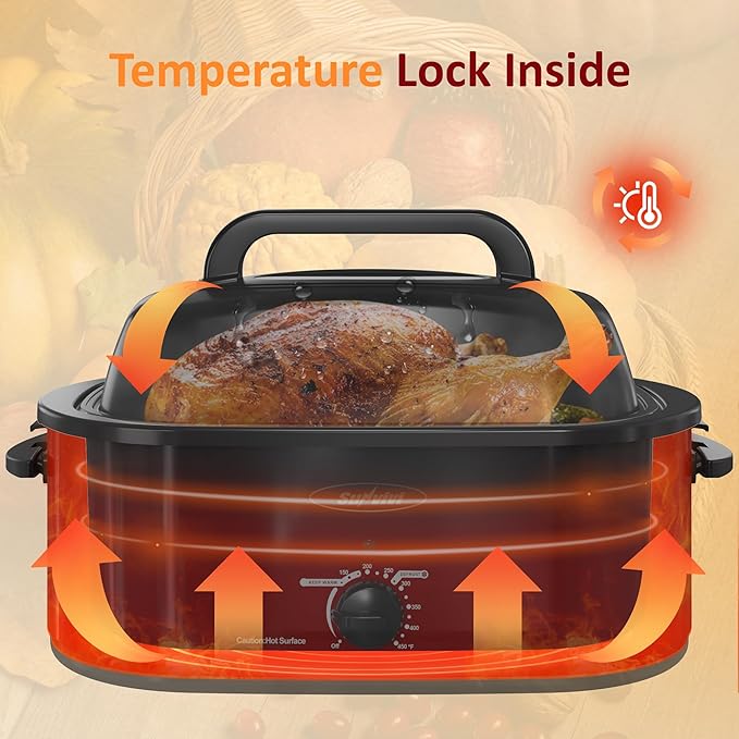 Sunvivi 26 Quart Electric Roaster With Glass Lid, Turkey Roaster Buffet, Self-Basting Lid, Removable Pan, Cool-Touch Handles, Red