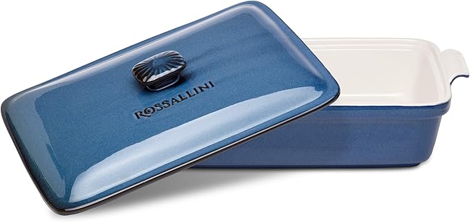 Stoneware Casserole Dish Bakeware Set with Lid, Covered Rectangular Dinnerware, Large 3.2 Quart, 11 by 9 Inch, Blu Indaco [Reactive Blue]