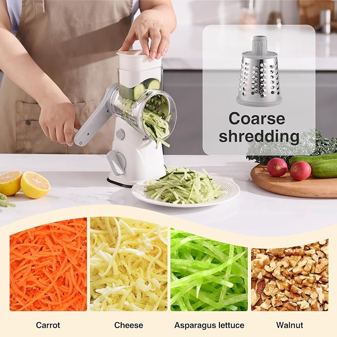 Rotary Cheese Grater, Kitchen Mandoline Vegetable Cheese Shredder with 3 Interchangeable Blades, Easy to Clean Rotary Grater Slicer with Handle,Kitchen Grater Grinder for Cutting Cheese,Vegetable,Nuts