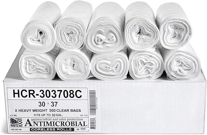 Aluf Plastics High Density Trash Bags, 30 Gallon, 500 Count, 8 Micron (eq), 30" x 37", Clear, for Bathroom, Office, Industrial, Commercial, Janitorial, Municipal, Recycling