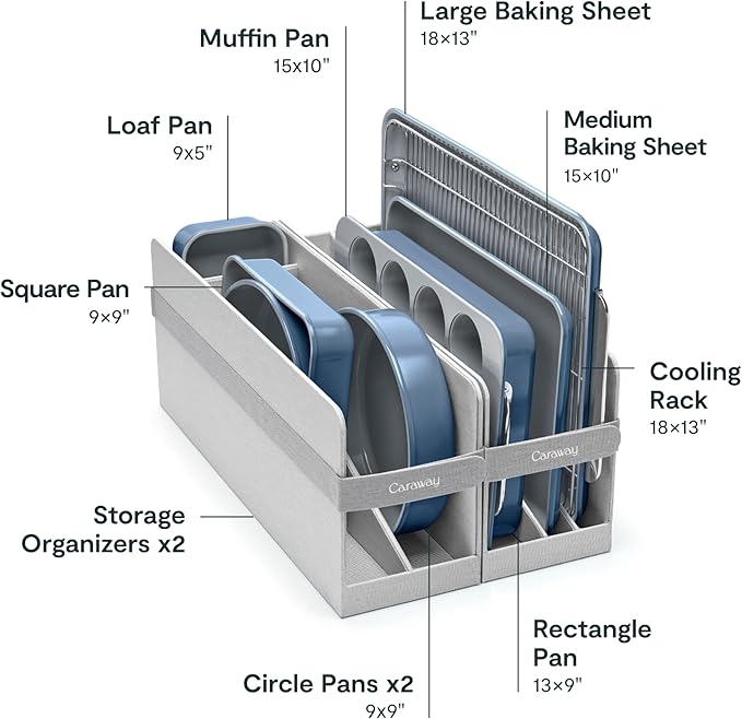 Caraway Nonstick Ceramic Bakeware Set (11 Pieces) - Baking Sheets, Assorted Baking Pans, Cooling Rack, & Storage - Aluminized Steel Body - Non Toxic, PTFE & PFOA Free - Slate