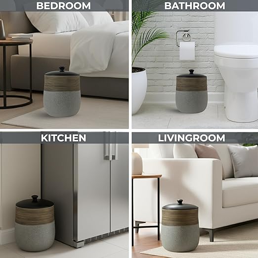 Escenzy Vintage Grey Bathroom Trash Can with Lid 5L | 7" x 10" | Decorative Small Garbage Can | Ceramic Waste Basket for Bathroom, Bedroom, Kitchen, Hotels or Living Room Decor | Modern Restroom Decor