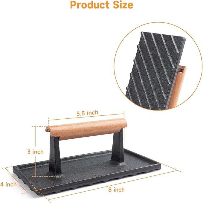 SHINESTAR Bacon Press, 8" × 4" Cast Iron Grill Press for Blackstone Griddle, Ideal for Bacon, Burger, Panini, Pre-Seasoned, Indoor and Outdoor Cooking, Rectangle