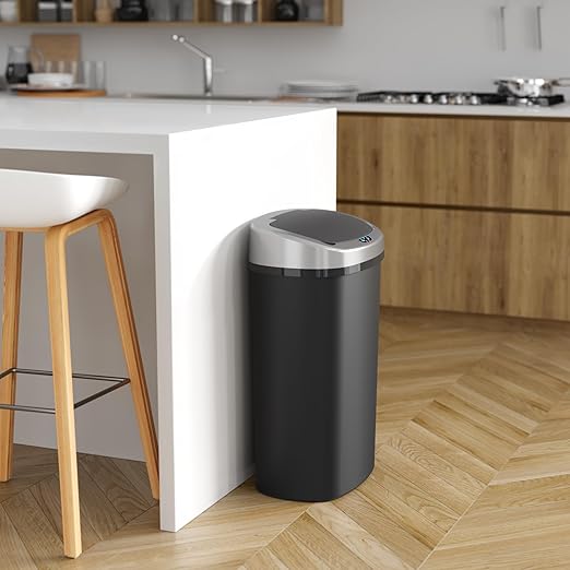 iTouchless 13 Gallon Sensor Kitchen Trash Can with Lid and Odor Filter, Durable Dent-Proof Plastic Automatic Waste Basket Garbage Bin Great for Home, Office, Business, Slim Space-Saving, Oval, Black