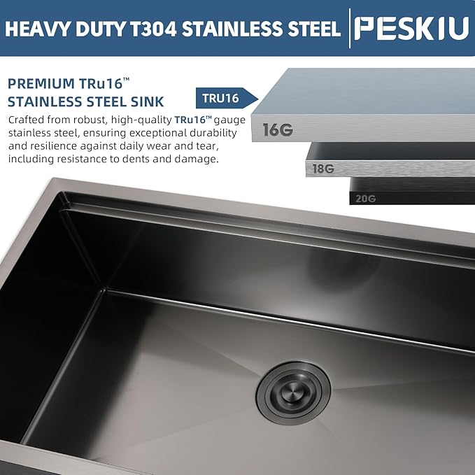 32"x19" Undermount Kitchen washbasin Cabient, 16 Gauge Single Bowl Stainless Steel, Nano Coating & Brushed Finish Matte Black Modern washbasin Workstation with Ledge and Accessories
