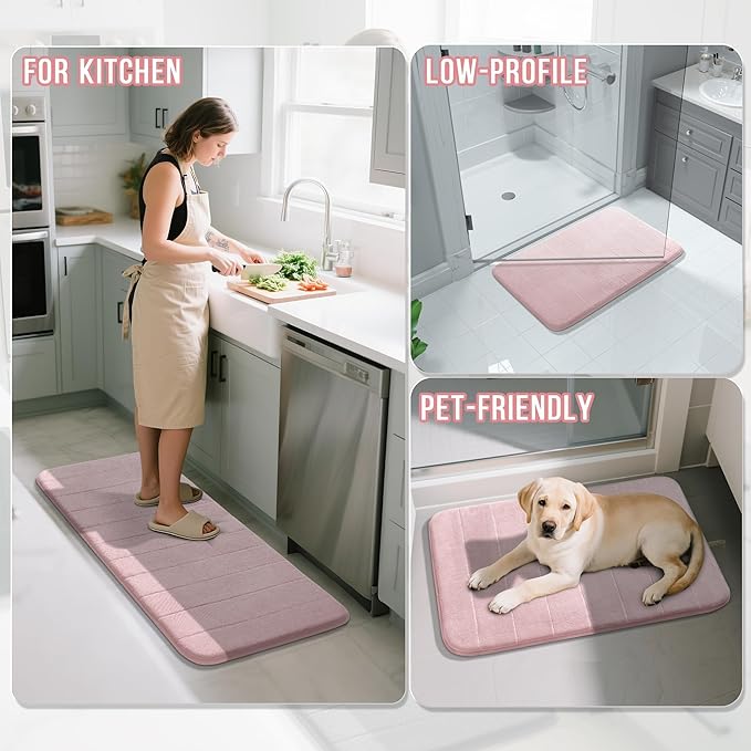 Yimobra Pink Bath Mat 24x17 Inch, Super Soft Absorbent Memory Foam Bathroom Rug Non Slip, Quick Dry, Machine Washable Floor Carpet for Tub Shower, Home Decor Accessories