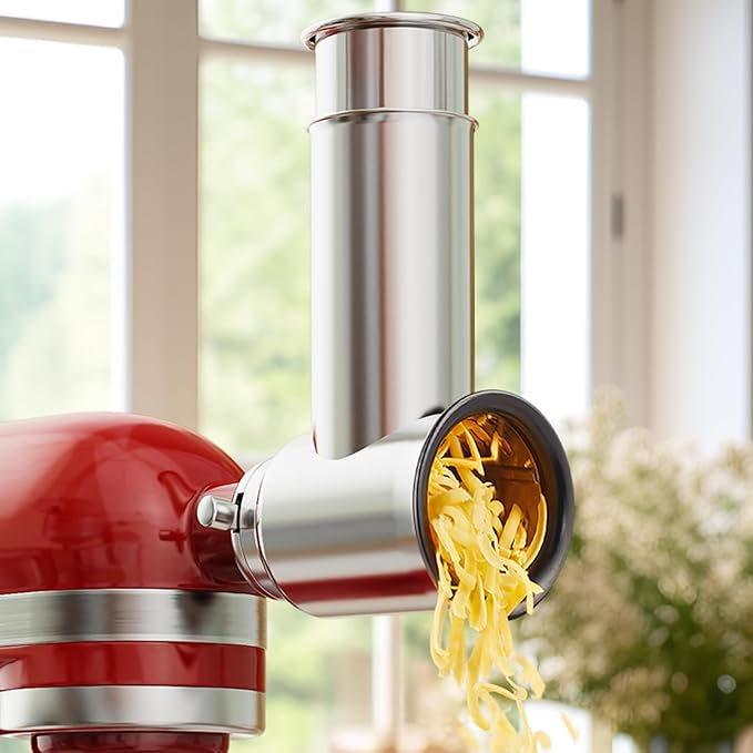 Stainless Steel Slicer Shredder Attachment for KitchenAid Stand Mixers, Cheese Grater Attachment For Kitchenaid, Salad Maker, Grinding Powder, Dishwasher Safe with 4 Blades