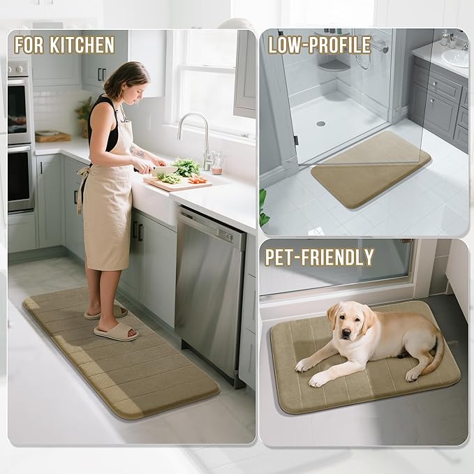 Yimobra Memory Foam Bath Mat, Super Soft Absorbent Bathroom Rug Non Slip 24x17 Inch, Quick Dry, Machine Washable Floor Carpet for Tub Shower, Home Decor Accessories, Pale Khaki