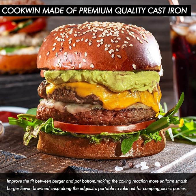 Smash Burger Press-Heavy Duty Hamburger Press with Heat Insulation Handle-6 Inch Cast Iron Burger Smasher,Bacon Press,Sandwich Press-Round Grill Press for Griddle-50 PC Burger Press Patty Paper