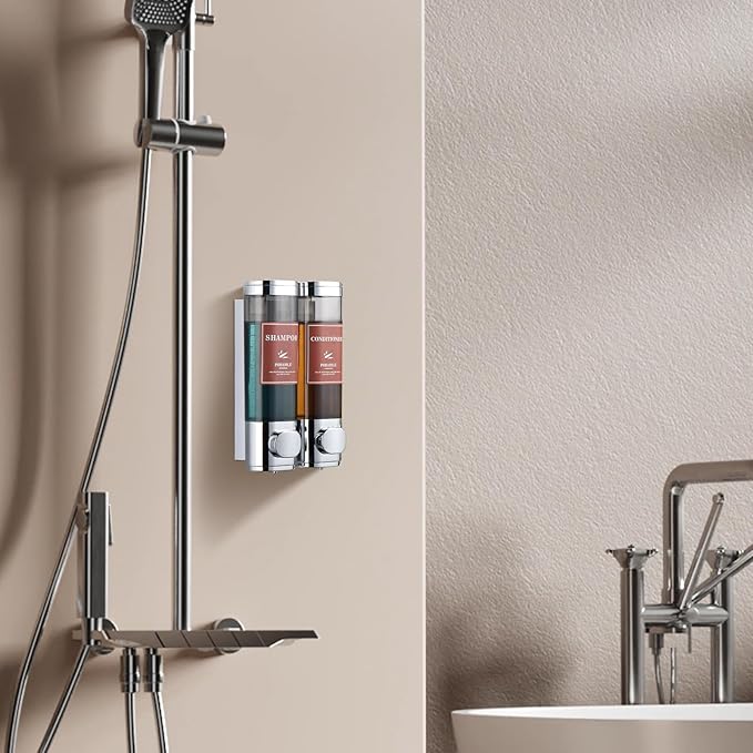 Shampoo and Conditioner Dispenser Wall Mounted Shower Soap Dispenser No Drill Shampoo Dispenser for Shower 2 Chamber Bathroom Body Wash Shower Gel Holder Chrome