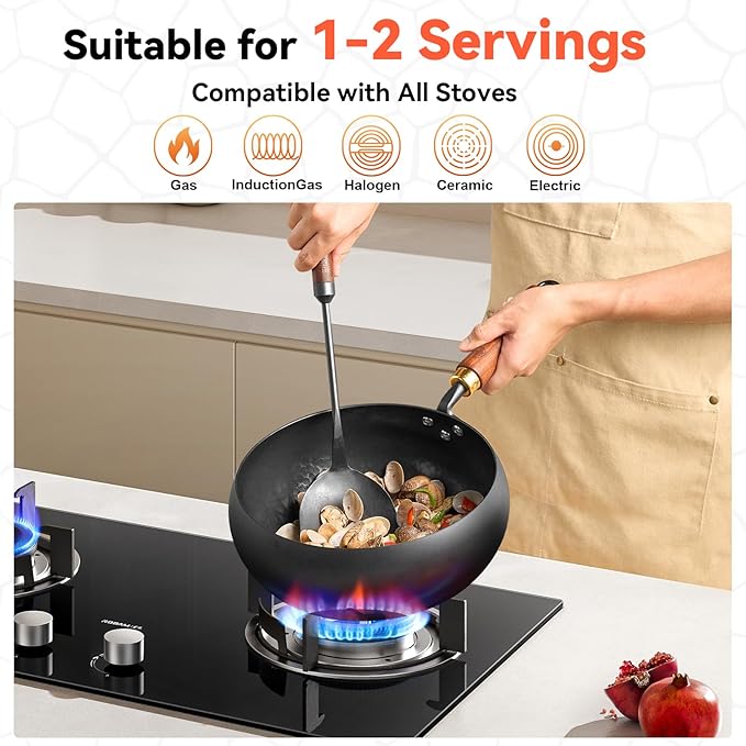 Wrought Iron Flat Bottom Wok with Glass Lid – Detachable Wooden Handle, Non-Coated Naturally Nonstick Frying Pan for Gas, Electric & Induction Stoves (Black Deep-Bowl Wok, 9.5 inch)