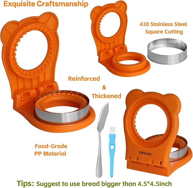 Sandwich Cutter and Sealer - 3.7" Circle & Square Pocket Sandwich Maker, Intuitive & Easy-to-Use for Boys &Girls, Perfect for Breakfast & Lunchboxes (Orange, Round)