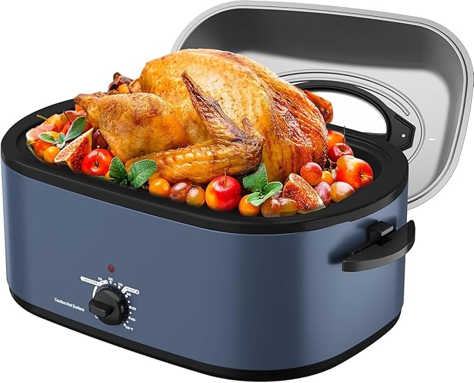 Sunvivi Electric Roaster, 28-Quart Electric Roaster Oven featuring a Glass Lid, Ideal for Turkey Roasting with Self-Basting Cover, Detachable Pan, Cool-Touch Handles, Blue